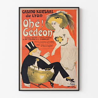 Vintage-Plakat Casino Kursaal, Ohé Gédéon, in einem schmalen Rahmen an einer hellen Wand präsentiert.