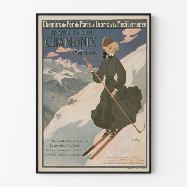 Vintage-Poster Chamonix, Wintersport PLM, in einem schmalen Rahmen an einer hellen Wand.