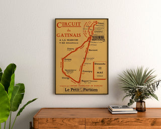 Vintage-Poster Circuit du Gâtinais, Wanderung, gerahmt über einer Holzkommode zwischen Pflanzen.