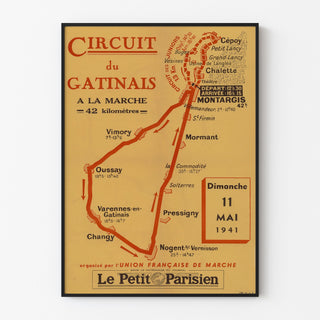 Vintage-Poster Circuit du Gâtinais, Wanderung, in einem schmalen Rahmen an einer hellen Wand.