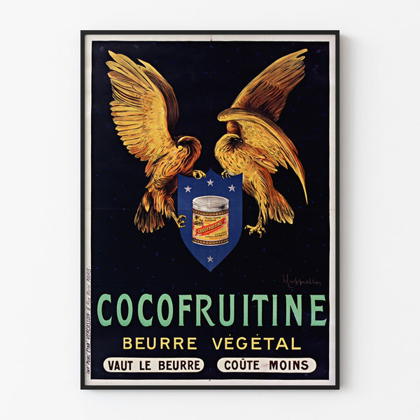 Vintage-Plakat „Cocofruitine, pflanzliche Butter“ in einem schlanken Rahmen an einer hellen Wand.