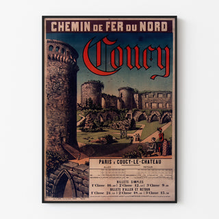 Vintage-Plakat Coucy, Chemins de fer du Nord, in einem schmalen Rahmen an einer hellen Wand.
