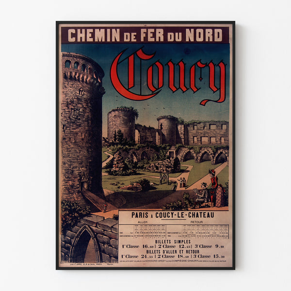 Vintage-Plakat Coucy, Chemins de fer du Nord, in einem schmalen Rahmen an einer hellen Wand.