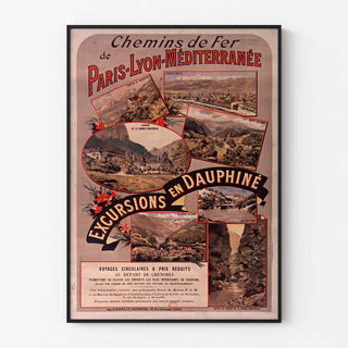 Vintage-Poster Dauphiné, Ausflüge PLM, in einem feinen Rahmen an einer hellen Wand präsentiert.