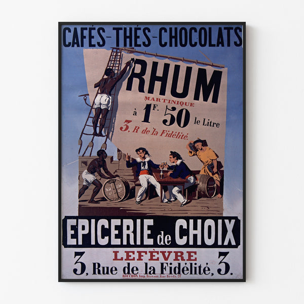 Vintage-Plakat Épicerie Lefèvre, Kaffee und Schokolade, in einem dünnen Rahmen an einer hellen Wand.