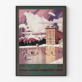 Vintage-Plakat Font-Romeu, Wintersport, in einem schmalen Rahmen an einer hellen Wand präsentiert.