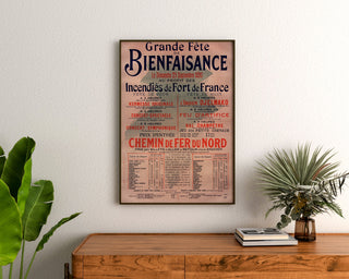 Vintage-Poster Fort-de-France, Wohltätigkeitsfest, gerahmt über einer Holzkommode zwischen Pflanzen.