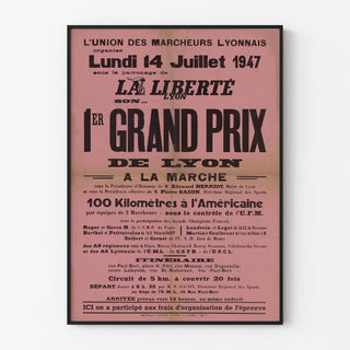 Vintage-Plakat Grand Prix de Lyon, Marsch, in einem schmalen Rahmen an einer hellen Wand präsentiert.