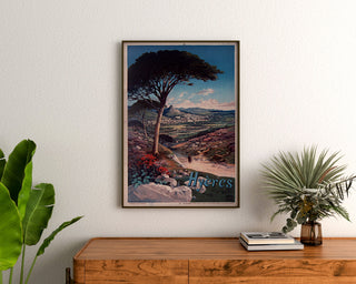 Vintage-Poster Hyères, gerahmt über einer Holzkommode zwischen Pflanzen.