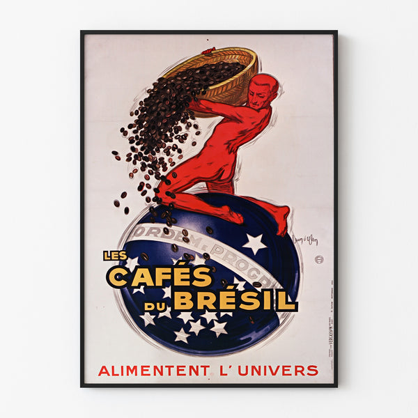 Vintage-Poster Les Cafés du Brésil, in einem dünnen Rahmen an einer hellen Wand.