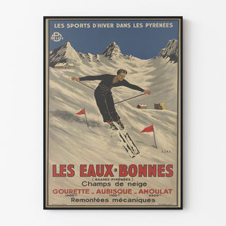 Vintage-Poster Les Eaux-Bonnes, Wintersport, in einem dünnen Rahmen an einer hellen Wand.