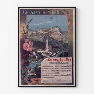 Vintage-Plakat Lourdes, Seebäder, in einem schmalen Rahmen an einer hellen Wand präsentiert.