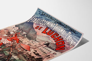 Vintage-Plakat Luchon, Casino und Kurwesen, auf leicht gebogener Fläche in perspektivischer Ansicht.