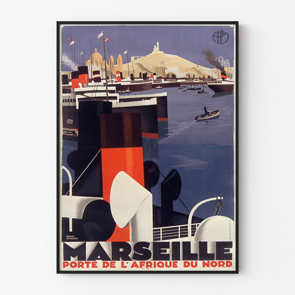 Vintage-Poster "Marseille, Tor nach Nordafrika", in einem schmalen Rahmen an einer hellen Wand.