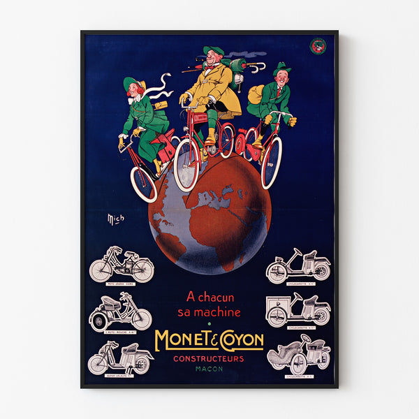 Vintage-Plakat «Monet & Goyon, machines», in einem schlanken Rahmen an einer hellen Wand präsentiert.