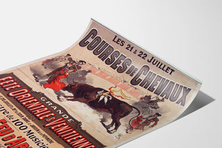 Vintage-Poster Mont-de-Marsan, Feste und Rennen, auf einer gebogenen Bogenfläche präsentiert, perspektivische Ansicht.