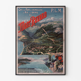 Vintage-Poster Mont-Revard, Zahnradbahn, in einem schmalen Rahmen an einer hellen Wand.