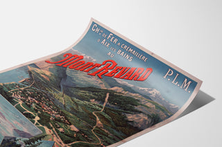 Vintage-Poster Mont-Revard, Zahnradbahn, auf einer leicht gewölbten Seite präsentiert, perspektivische Ansicht.