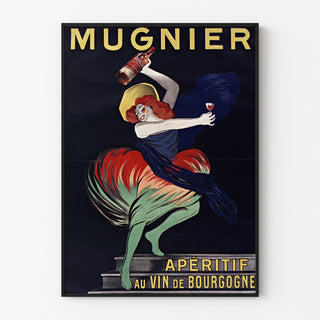Vintage-Plakat Mugnier. Apéritif au vin de Bourgogne, in einem schmalen Rahmen an einer hellen Wand.