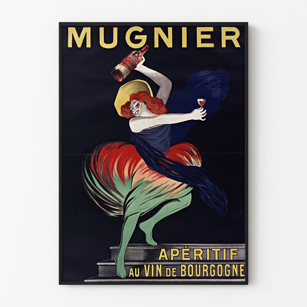 Vintage-Plakat Mugnier. Apéritif au vin de Bourgogne, in einem schmalen Rahmen an einer hellen Wand.