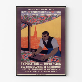 Vintage-Plakat Mulhouse, lithografische Ausstellung, in einem schmalen Rahmen an einer hellen Wand präsentiert.