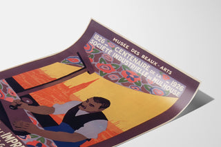 Vintage-Plakat Mulhouse, lithografische Ausstellung, auf einer leicht gebogenen Seite präsentiert, perspektivische Ansicht.