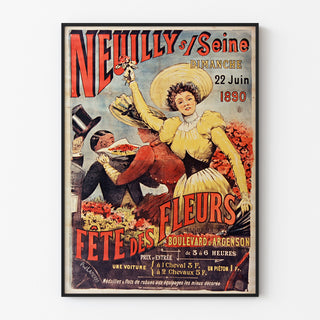 Vintage-Plakat Neuilly, Blumenfest, 1890, in einem dünnen Rahmen an einer hellen Wand.