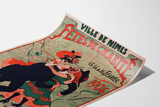 Vintage-Plakat Nîmes, Wohltätigkeitsfeste, auf leicht gebogener Fläche in perspektivischer Ansicht.