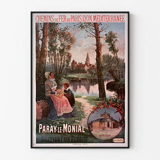 Vintage-Plakat «Paray-le-Monial, train», in einem schlanken Rahmen an einer hellen Wand präsentiert.
