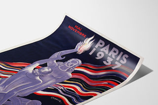 Vintage-Poster Paris 1937, Kunst und Technik, als leicht gewölbtes Blatt in Perspektive präsentiert.