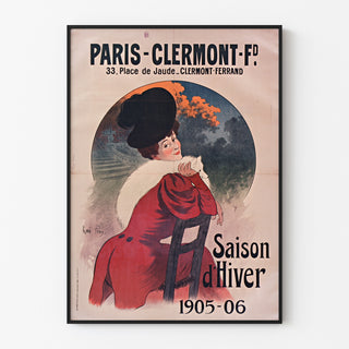 Vintage-Plakat Paris-Clermont, Wintersaison, in einem feinen Rahmen an einer hellen Wand.
