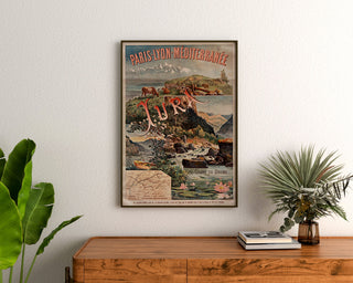 Vintage-Poster Paris Lyon Méditerranée, Jura, gerahmt über einer Holzkommode zwischen Pflanzen.
