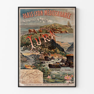 Vintage-Poster Paris Lyon Méditerranée, Jura, in einem schmalen Rahmen an einer hellen Wand.