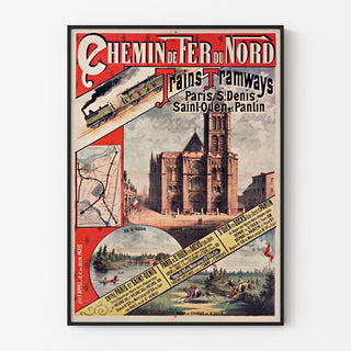 Vintage-Plakat Paris, Saint-Denis, Züge & Straßenbahnen, in einem dünnen Rahmen an einer hellen Wand.