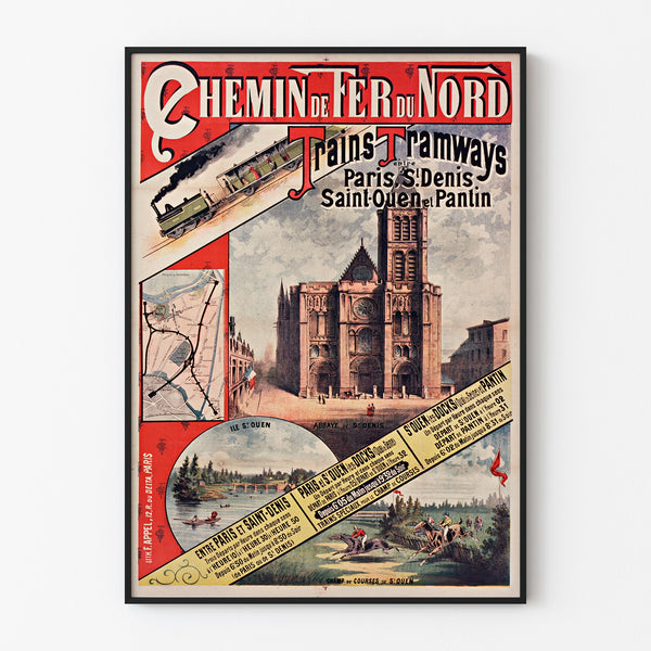 Vintage-Plakat Paris, Saint-Denis, Züge & Straßenbahnen, in einem dünnen Rahmen an einer hellen Wand.