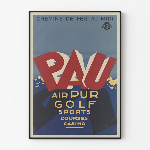 Vintage-Poster Pau, Golf und Sport, in einem dünnen Rahmen an einer hellen Wand.