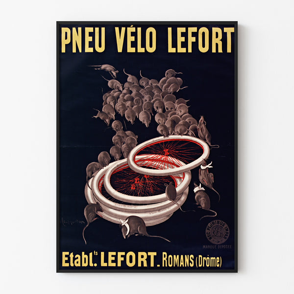 Vintage-Plakat Fahrradreifen Lefort, in einem schmalen Rahmen an einer hellen Wand.