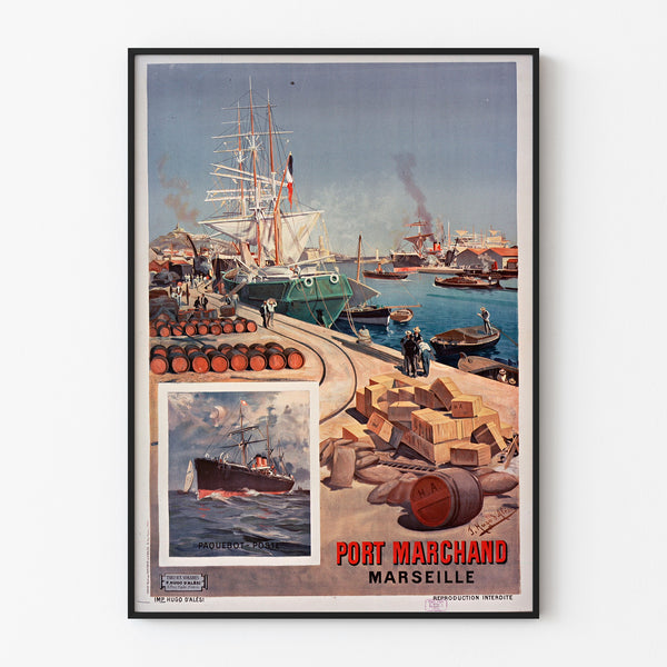 Vintage-Poster "Handelshafen. Marseille", in einem schmalen Rahmen an einer hellen Wand.