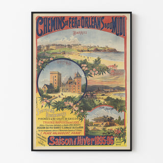 Vintage-Plakat Pyrenäen und Gascogne, Wintersaison, in einem feinen Rahmen an einer hellen Wand.