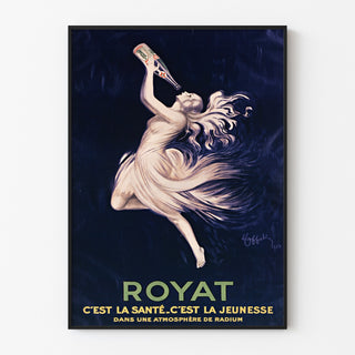 Vintage-Poster Royat, Santé und Jugend, in einem dünnen Rahmen an einer hellen Wand.