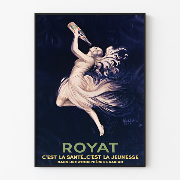 Vintage-Poster Royat, Santé und Jugend, in einem dünnen Rahmen an einer hellen Wand.