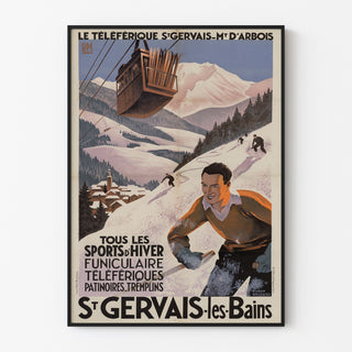 Vintage-Poster Saint-Gervais, Mont-d’Arbois, in einem schmalen Rahmen an einer hellen Wand.