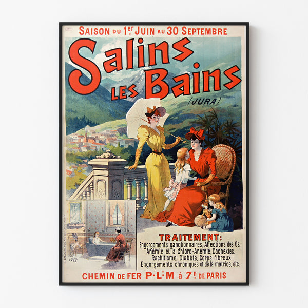 Vintage-Poster Salins-les-Bains (Jura), in einem schmalen Rahmen an einer hellen Wand.