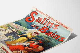 Vintage-Poster Salins-les-Bains (Jura), auf einer gebogenen Bogenfläche präsentiert, perspektivische Ansicht.