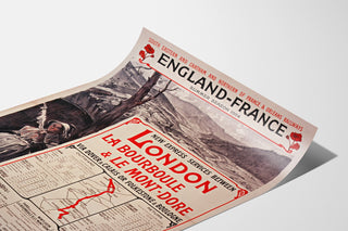 Vintage-Plakat South Eastern, England-France, auf einer gebogenen Seite präsentiert, perspektivische Ansicht.