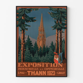 Vintage-Plakat Thann, Industrieausstellung, in einem schmalen Rahmen an einer hellen Wand präsentiert.