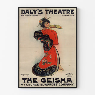 Vintage-Plakat The Geisha, Daly’s Theatre, in einem schmalen Rahmen an einer hellen Wand präsentiert.