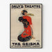 Vintage-Plakat The Geisha, Daly’s Theatre, in einem schmalen Rahmen an einer hellen Wand präsentiert.