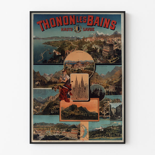 Vintage-Poster Thonon-les-Bains, in einem schmalen Rahmen an einer hellen Wand.