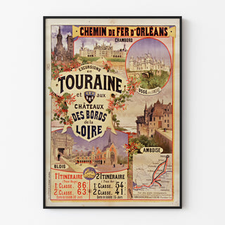 Vintage-Poster Touraine, Schlösser der Loire, in einem feinen Rahmen an einer hellen Wand präsentiert.